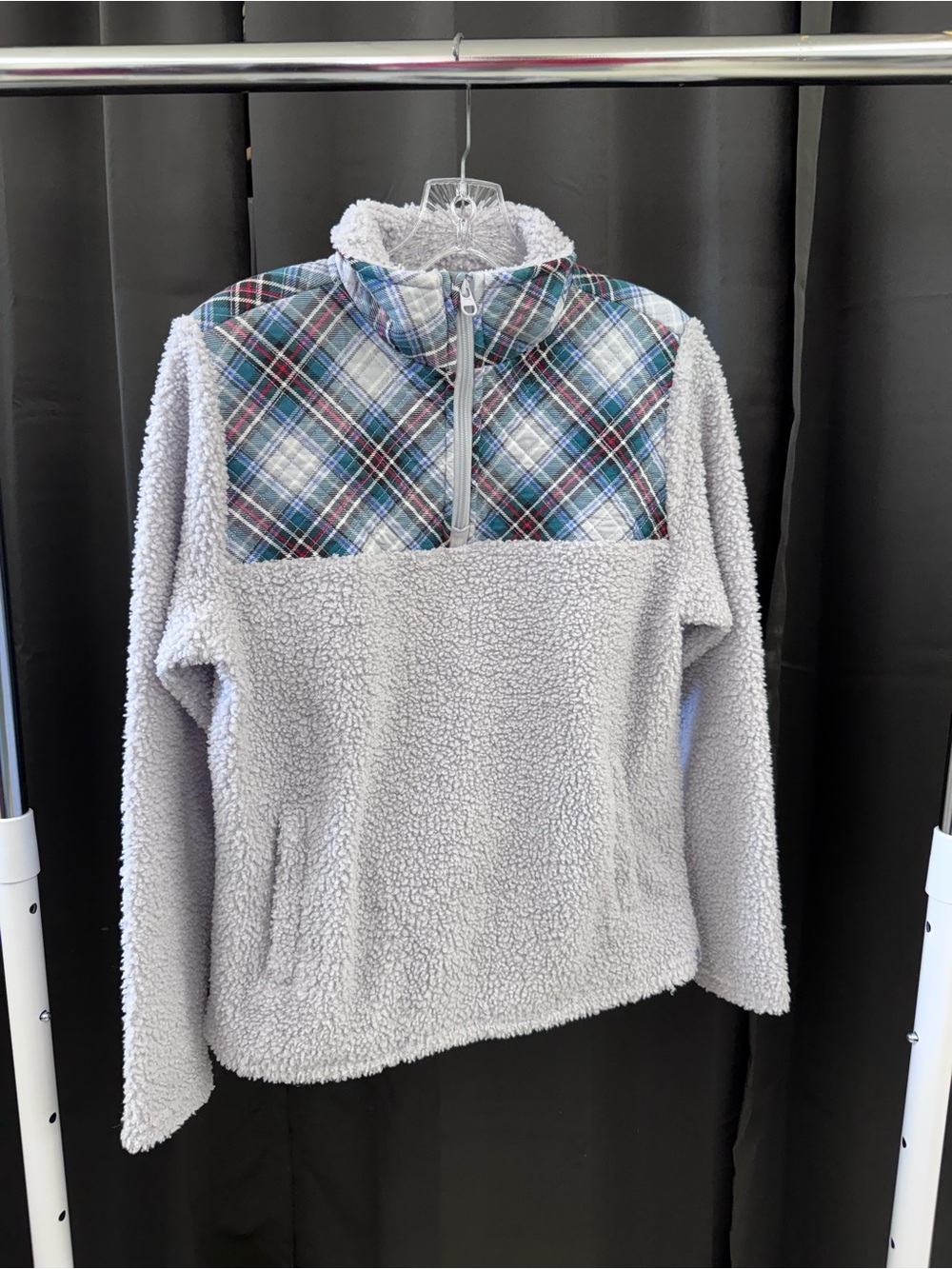 Vera Bradley Light Gray Sherpa Half-Zip with Blue and Green Plaid Yoke